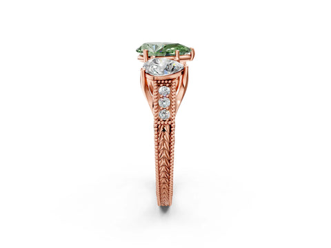 Rose gold Three-Stone Fancy Green Pear Cut Cut Milgrain Pavé Engagement Ring_14