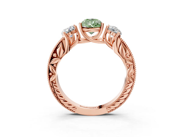 Rose Gold Pear-Shaped Engraved Three Stone Engagement Ring Setting for Fancy Green Center