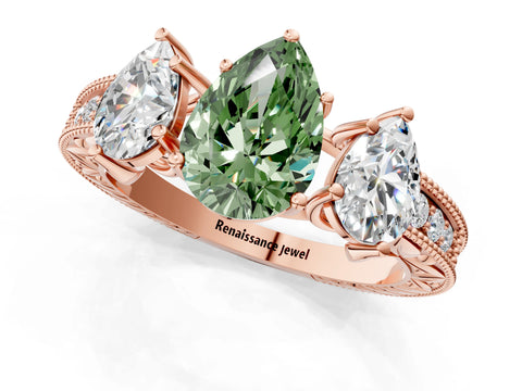 Rose gold Three-Stone Fancy Green Pear Cut Cut Milgrain Pavé Engagement Ring_1