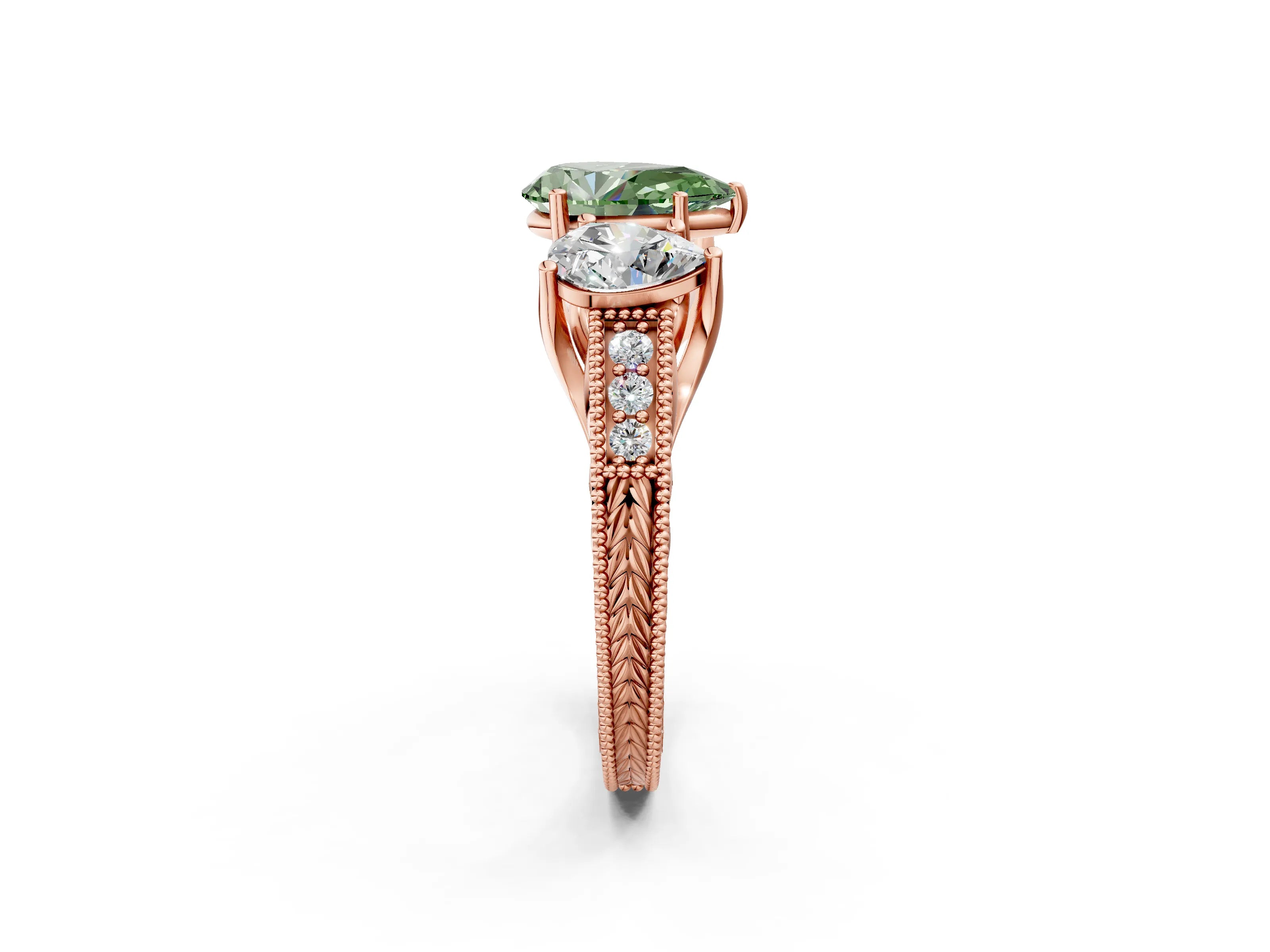 Rose gold Three-Stone Fancy Green Pear Cut Cut Milgrain Pavé Engagement Ring_2