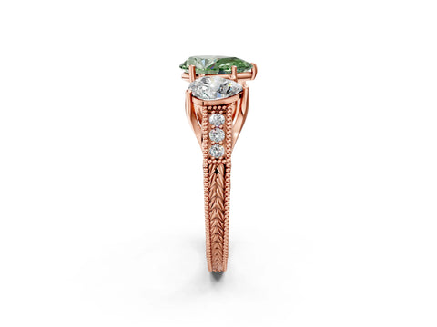 Rose gold Three-Stone Fancy Green Pear Cut Cut Milgrain Pavé Engagement Ring_2