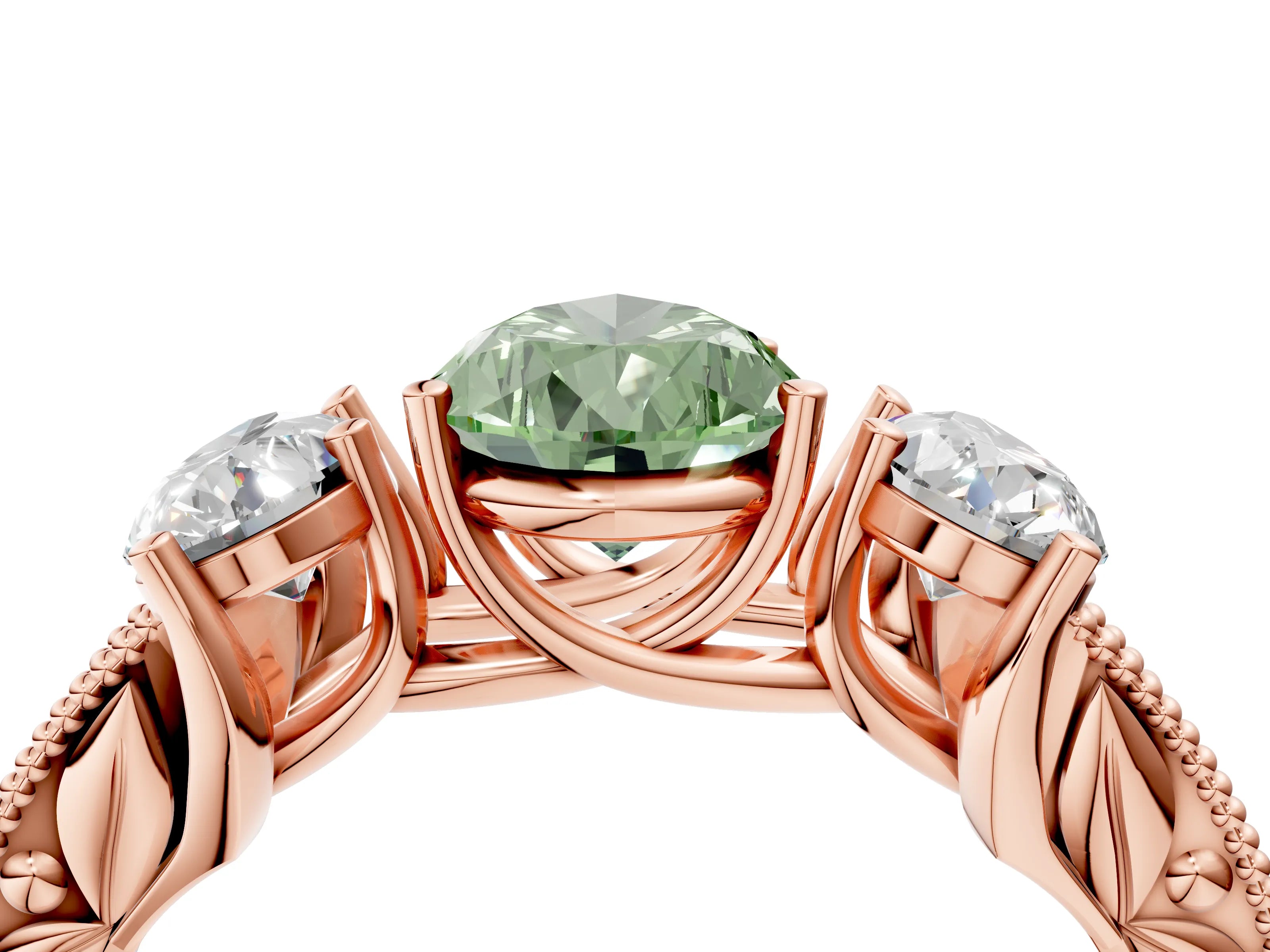 Rose gold Three-Stone Fancy Green Pear Cut Cut Milgrain Pavé Engagement Ring_4