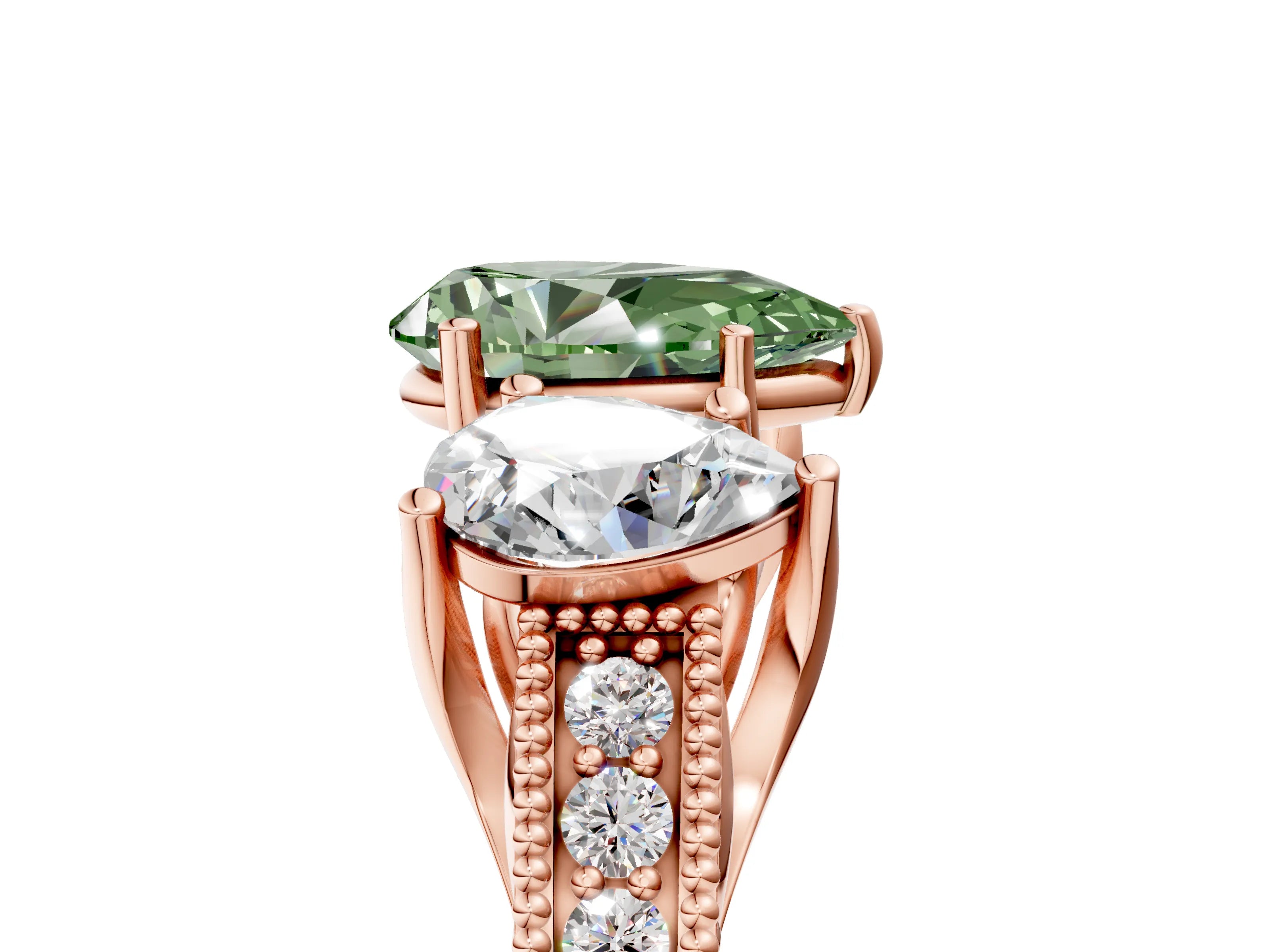 Rose gold Three-Stone Fancy Green Pear Cut Cut Milgrain Pavé Engagement Ring_5