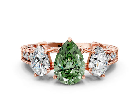 Rose gold Three-Stone Fancy Green Pear Cut Cut Milgrain Pavé Engagement Ring