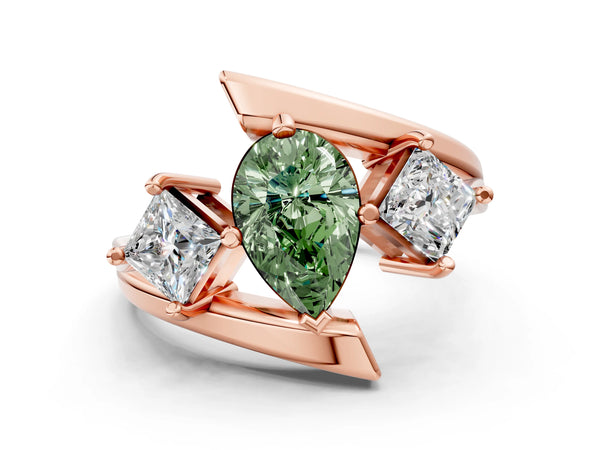 Rose gold Three-Stone Fancy Green Pear Cut Cut Tension Band Ring with Four-Prong Setting