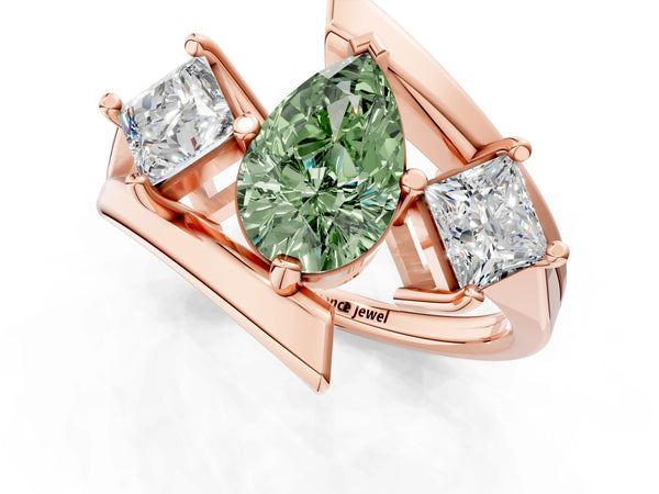 Rose gold Three-Stone Fancy Green Pear Cut Cut Tension Band Ring with Four-Prong Setting