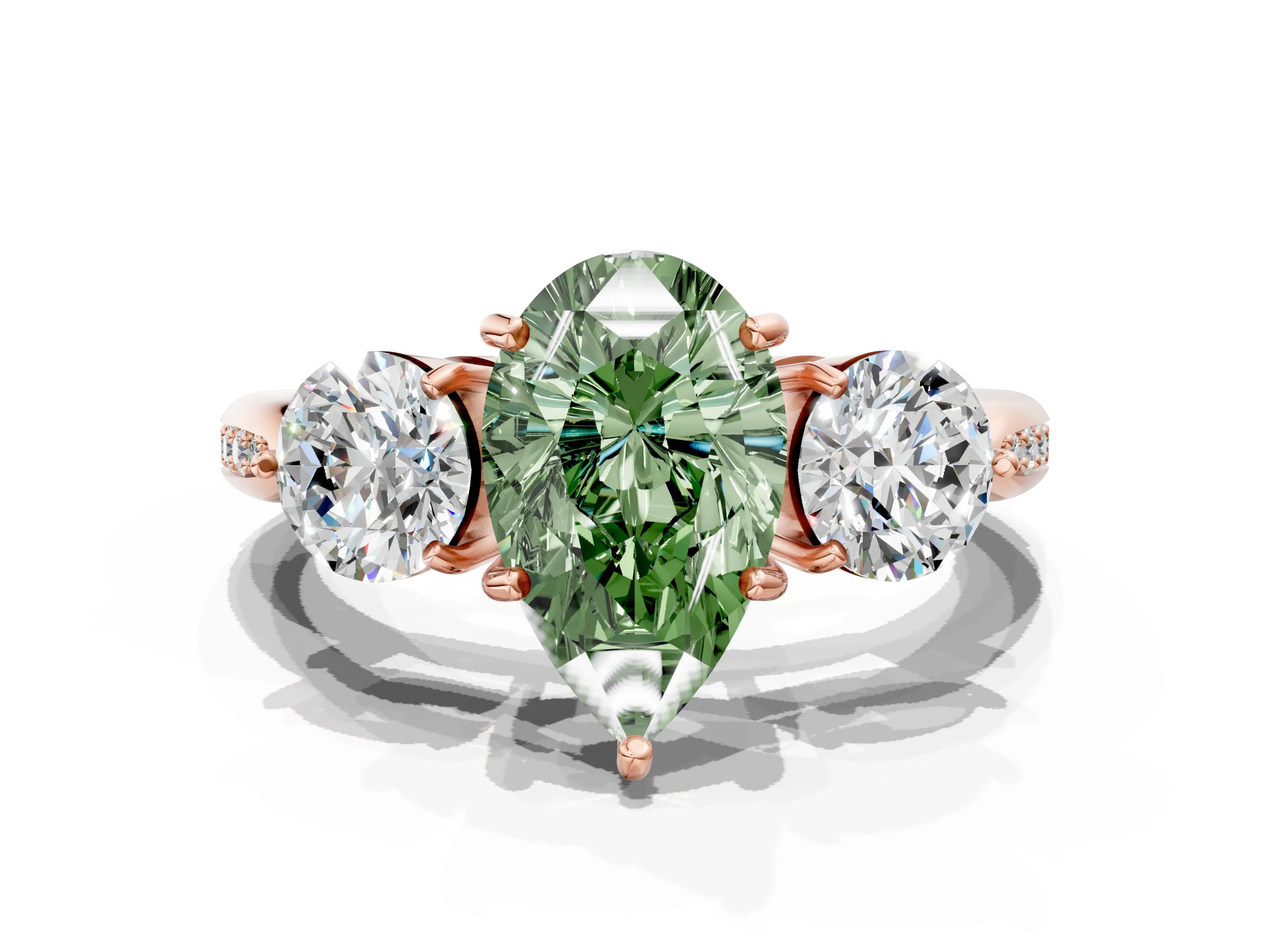 Rose gold Three-Stone Fancy Green Pear Cut Diamond Channel Set Engagement Ring with Prong Setting