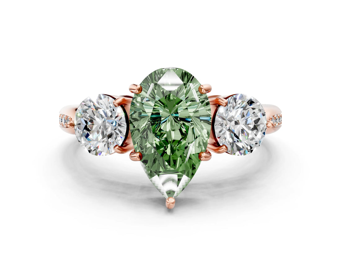 Rose gold Three-Stone Fancy Green Pear Cut Diamond Channel Set Engagement Ring with Prong Setting_12