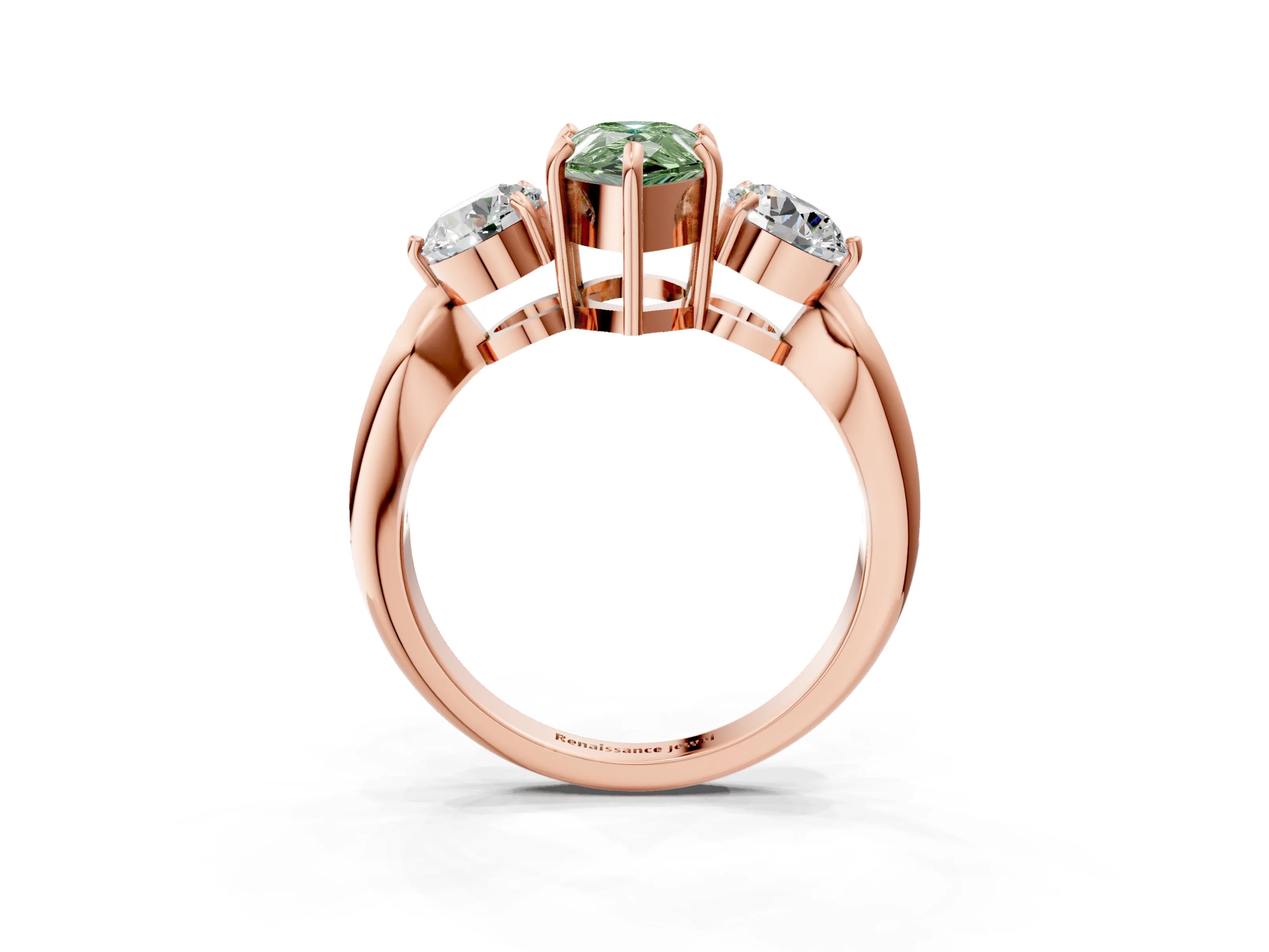 Rose gold Three-Stone Fancy Green Pear Cut Diamond Channel Set Engagement Ring with Prong Setting_3