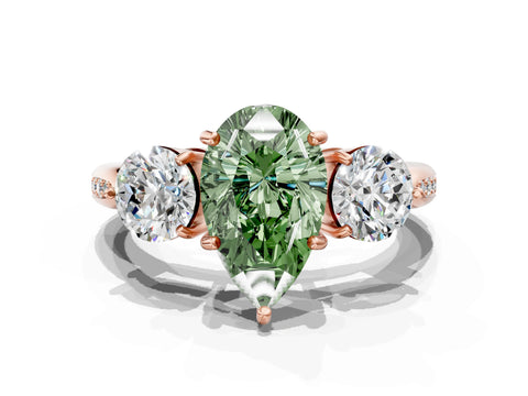 Rose gold Three-Stone Fancy Green Pear Cut Diamond Channel Set Engagement Ring with Prong Setting
