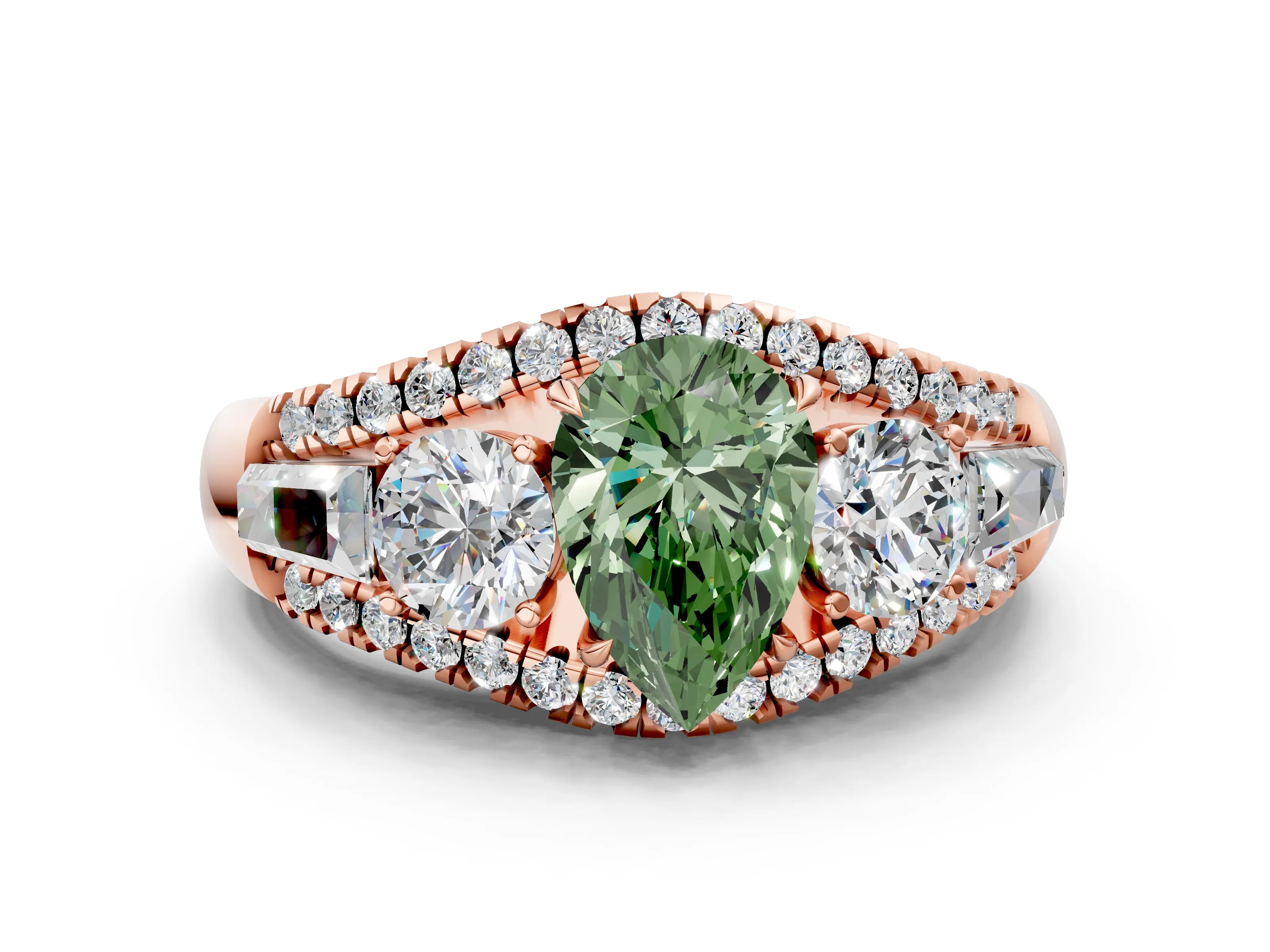 Rose gold Three-Stone Fancy Green Pear Cut Diamond Engagement Ring with Pave Band and Prong Setting