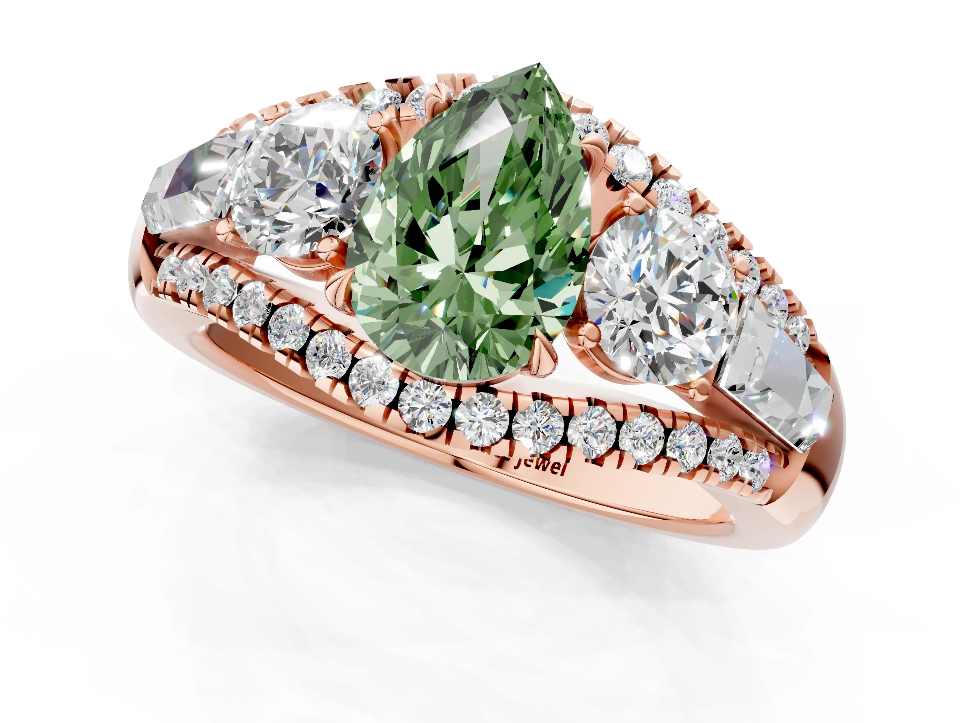 Rose gold Three-Stone Fancy Green Pear Cut Diamond Engagement Ring with Pave Band and Prong Setting_1