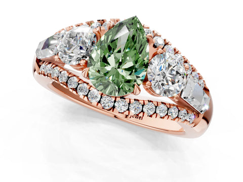 Rose gold Three-Stone Fancy Green Pear Cut Diamond Engagement Ring with Pave Band and Prong Setting_1