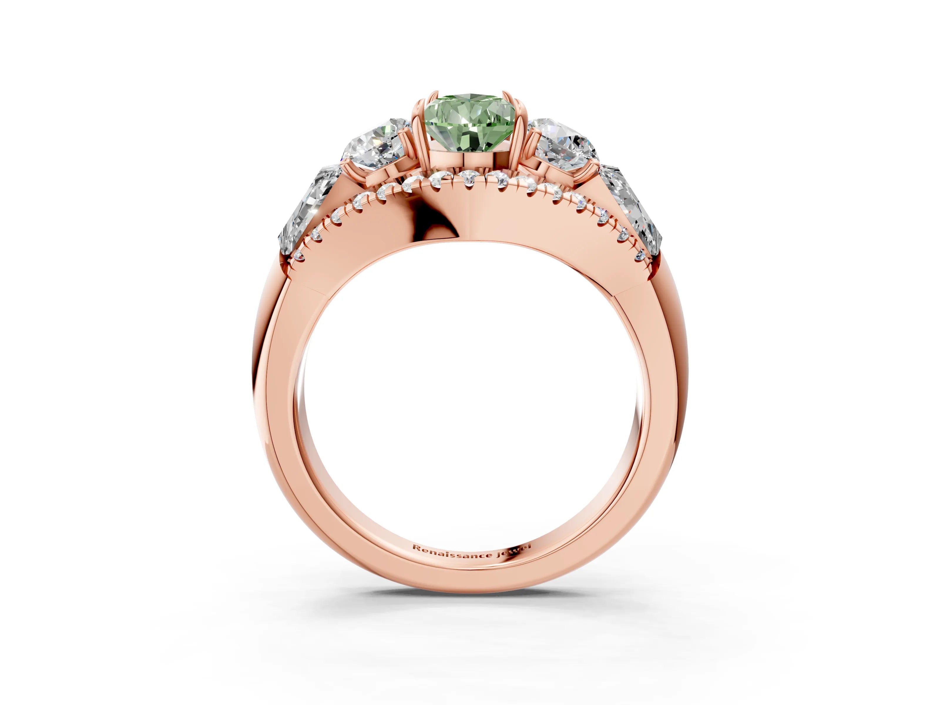 Rose gold Three-Stone Fancy Green Pear Cut Diamond Engagement Ring with Pave Band and Prong Setting_3