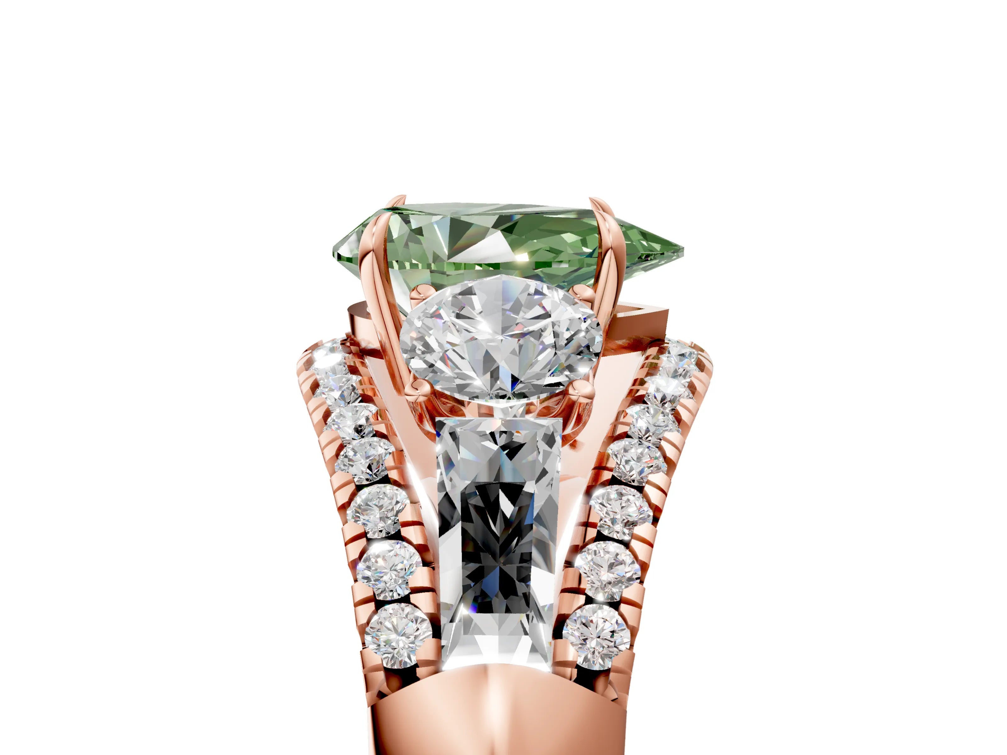 Rose gold Three-Stone Fancy Green Pear Cut Diamond Engagement Ring with Pave Band and Prong Setting_5