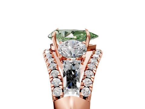 Rose gold Three-Stone Fancy Green Pear Cut Diamond Engagement Ring with Pave Band and Prong Setting_5
