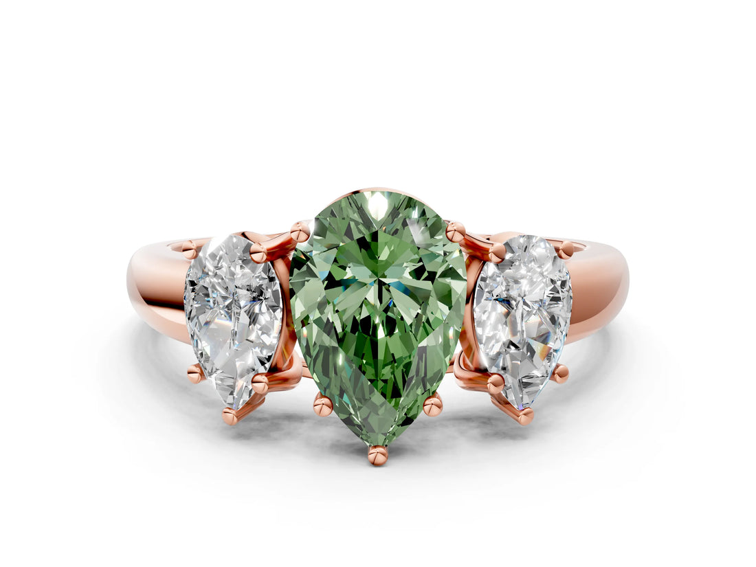 Rose gold Three-Stone Fancy Green Pear Cut Diamond Engagement Ring with Prong Setting_3