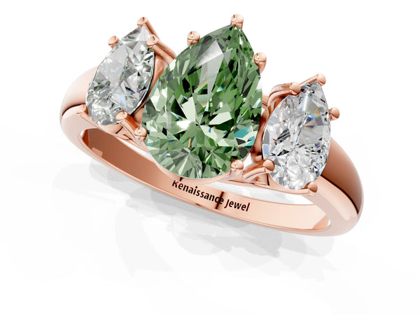 Rose gold Three-Stone Fancy Green Pear Cut Diamond Engagement Ring with Prong Setting