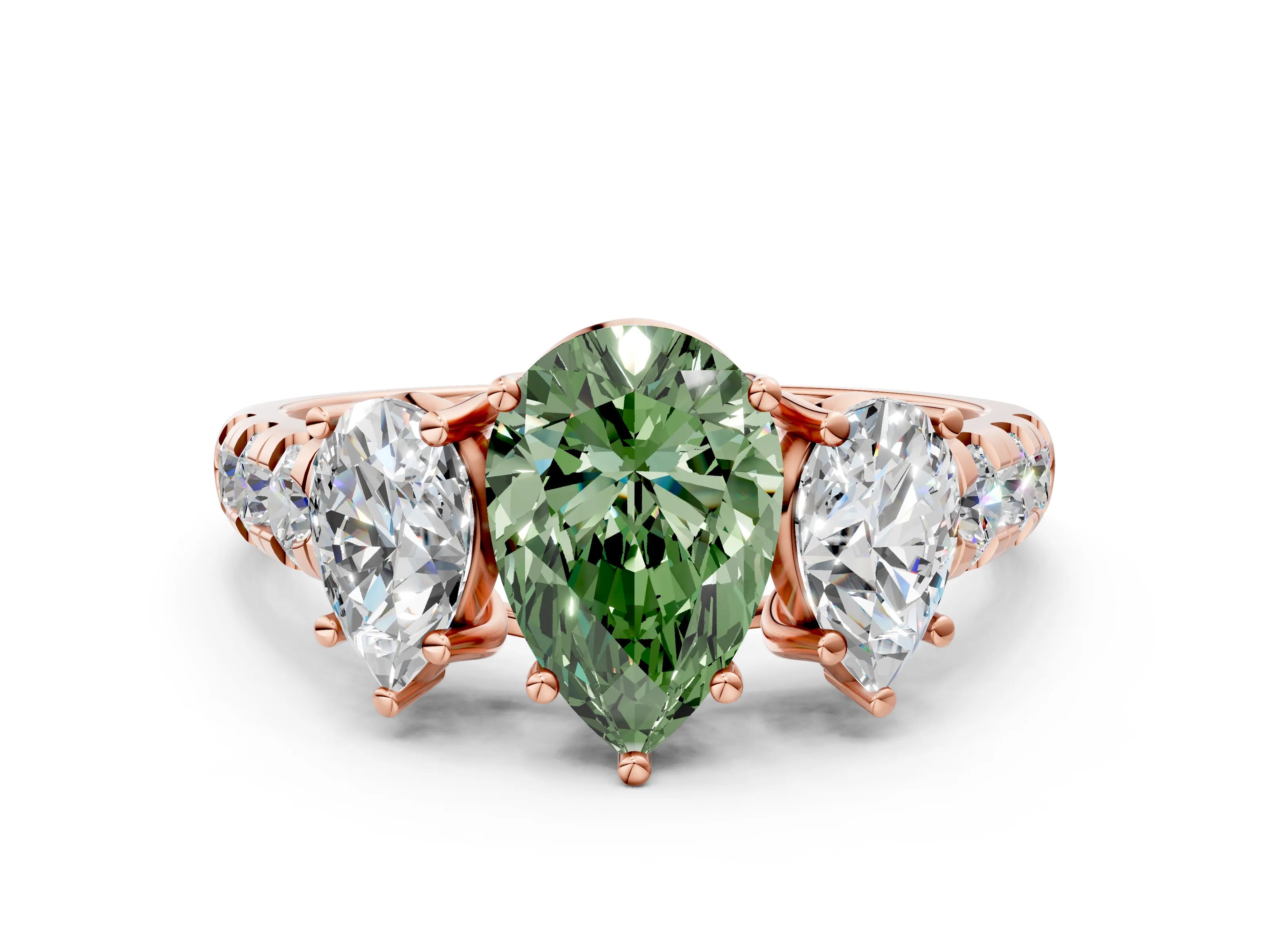 Rose gold Three-Stone Fancy Green Pear Cut Diamond Pavé Band with Prong Setting