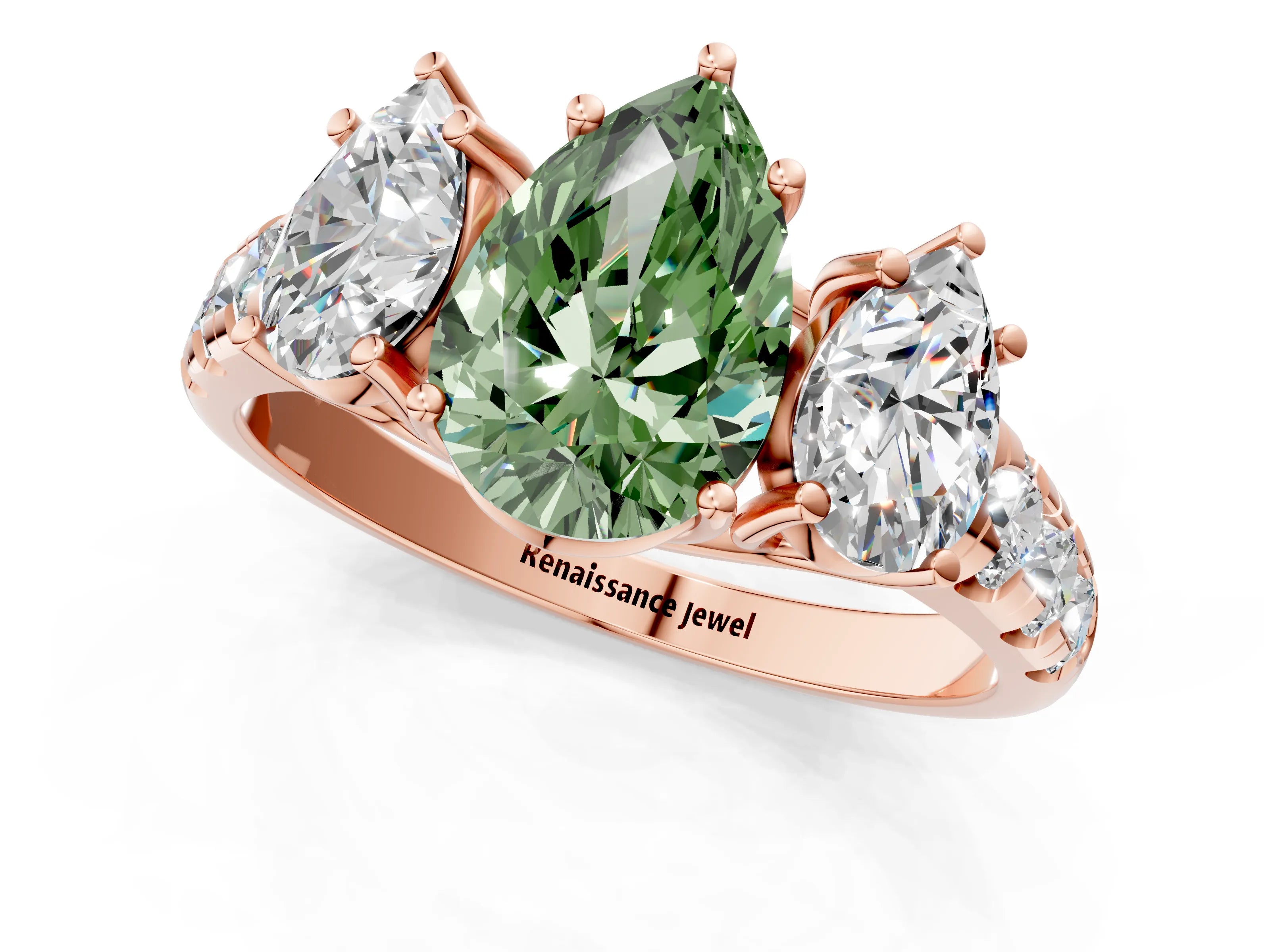 Rose gold Three-Stone Fancy Green Pear Cut Diamond Pavé Band with Prong Setting_1