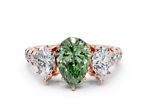 Rose gold Three-Stone Fancy Green Pear Cut Diamond Pavé Band with Prong Setting