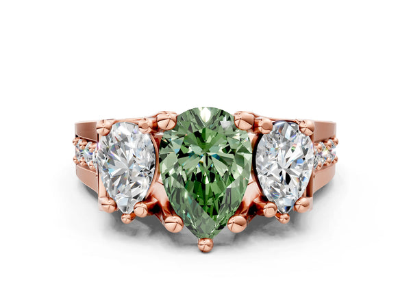 Rose gold Fancy Green Pear Cut Diamond Three-Stone Ring with Channel Set Band and Four-Prong Setting