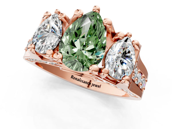 Rose gold Fancy Green Pear Cut Diamond Three-Stone Ring with Channel Set Band and Four-Prong Setting
