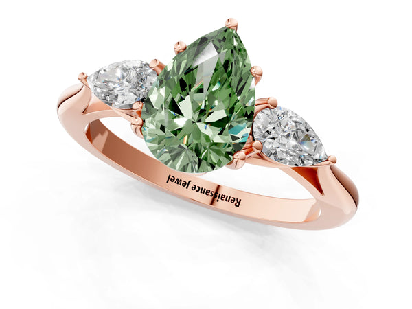 Rose gold Three-Stone Fancy Green Pear Cut Diamond Ring with Pear  Side Stones in Four-Prong Setting