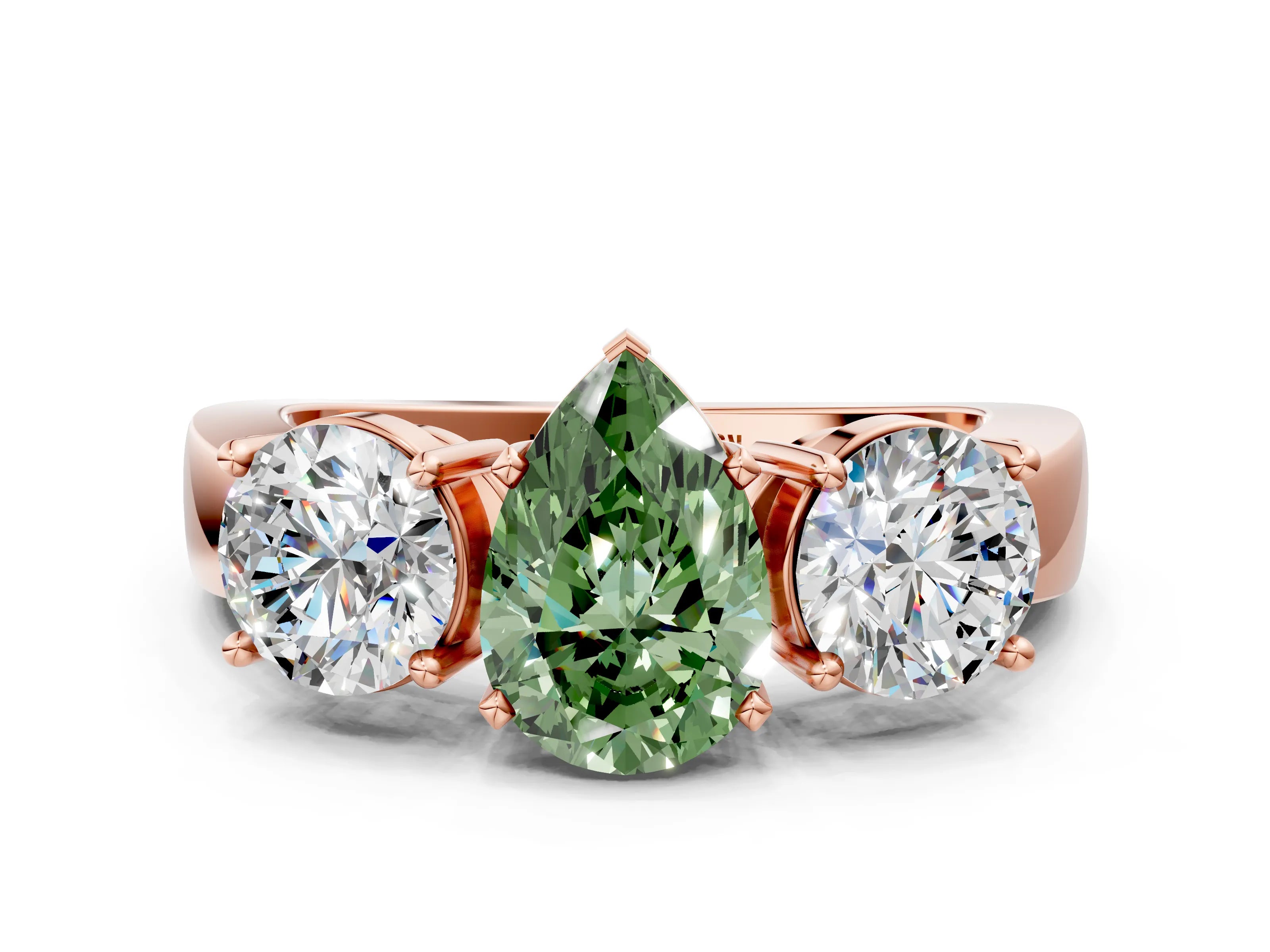 Rose gold Three-Stone Fancy Green Pear Cut Diamond Ring with Round Side Stones, Classic Band, and Four-Prong Setting