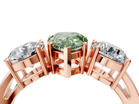 Rose gold Three-Stone Fancy Green Pear Cut Diamond Ring with Round Side Stones, Classic Band, and Four-Prong Setting_4