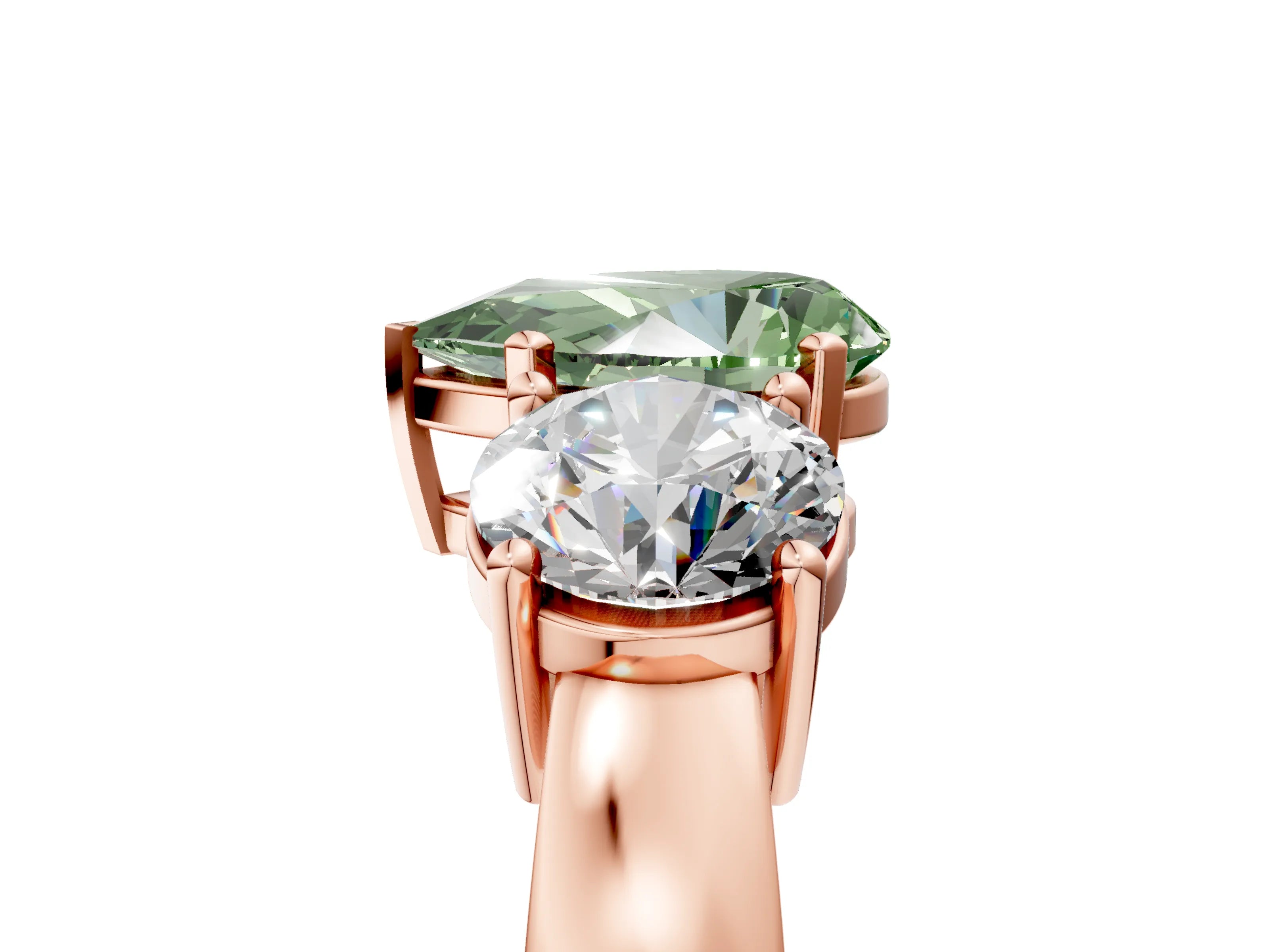 Rose gold Three-Stone Fancy Green Pear Cut Diamond Ring with Round Side Stones, Classic Band, and Four-Prong Setting_5