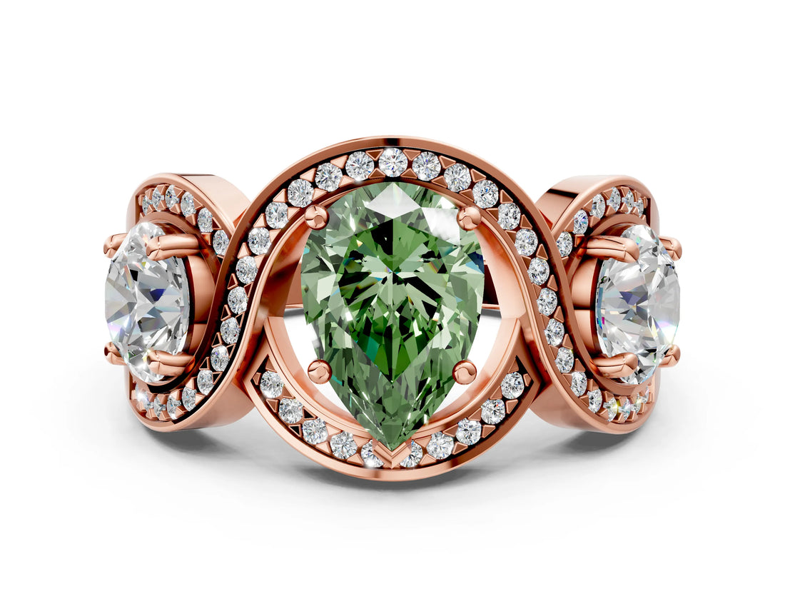 Rose gold Three-Stone Fancy Green Pear Cut Diamond Wave Pave Band with Prong Setting