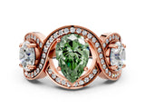 Rose gold Three-Stone Fancy Green Pear Cut Diamond Wave Pave Band with Prong Setting