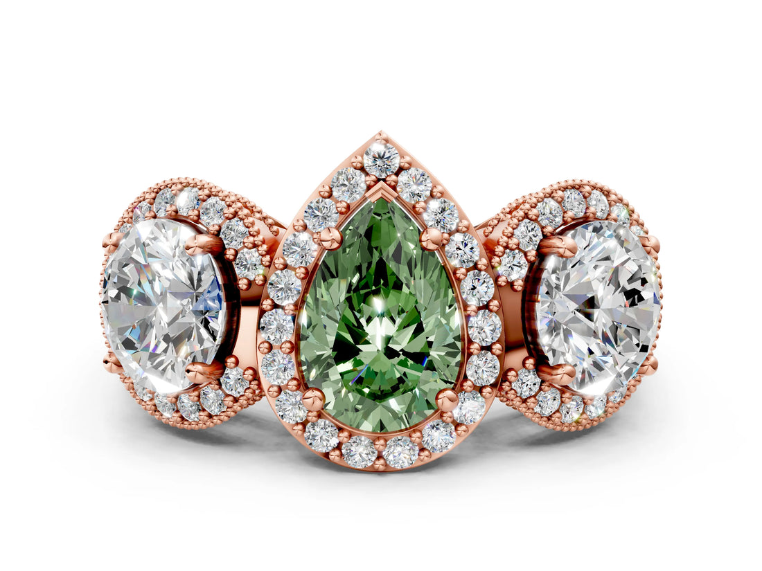 Rose gold Three-Stone Fancy Green Pear Cut Halo Diamond Milgrain Band with Four-Prong Setting