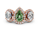 Rose gold Three-Stone Fancy Green Pear Cut Halo Diamond Milgrain Band with Four-Prong Setting