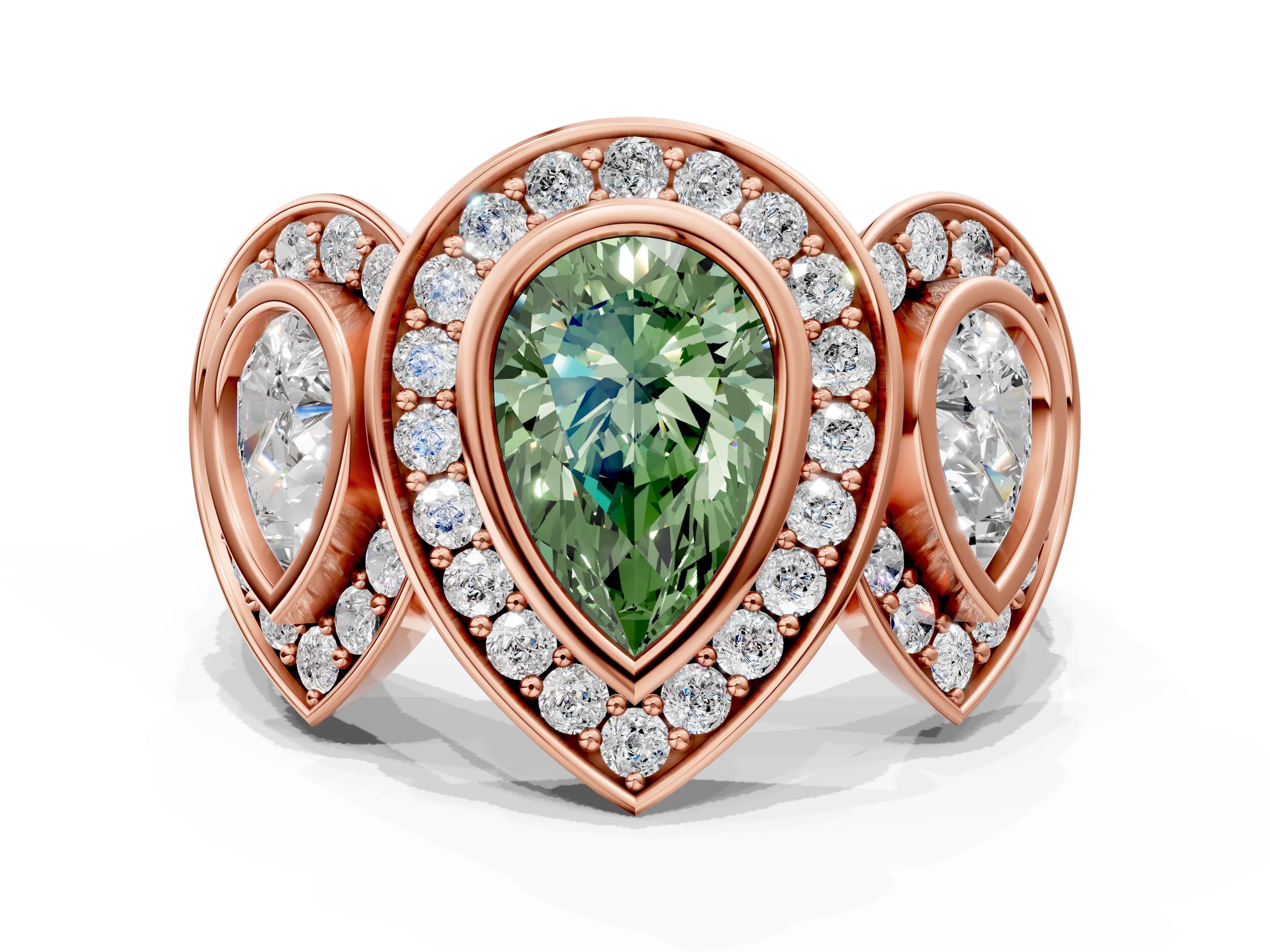 Rose gold Three-Stone Fancy Green Pear Cut Halo Pavé Diamond Ring