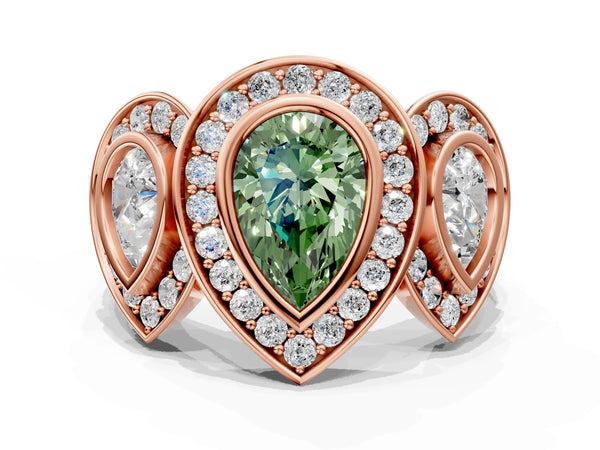 Rose gold Three-Stone Fancy Green Pear Cut Halo Pavé Diamond Ring
