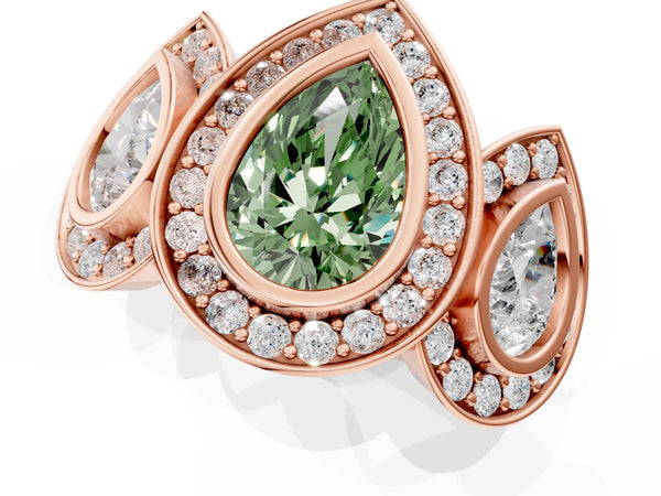 Rose gold Three-Stone Fancy Green Pear Cut Halo Pavé Diamond Ring