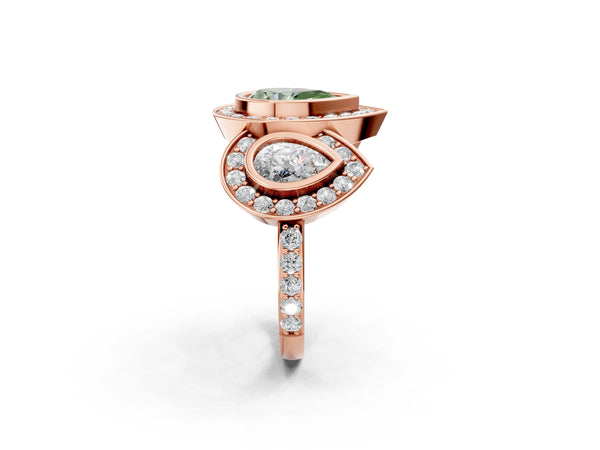 Rose gold Three-Stone Fancy Green Pear Cut Halo Pavé Diamond Ring