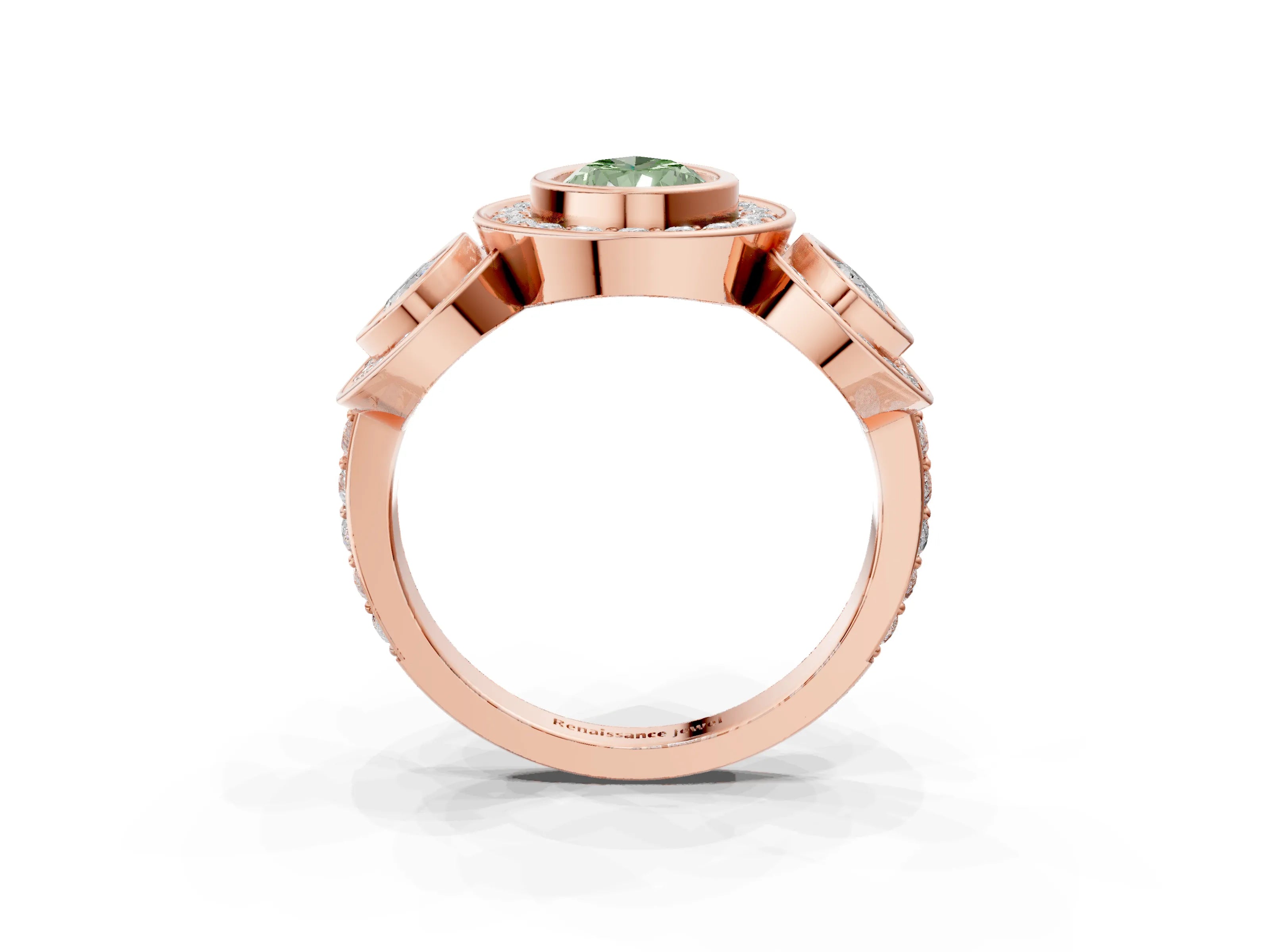 Rose gold Three-Stone Fancy Green Pear Cut Halo Pavé Diamond Ring_3