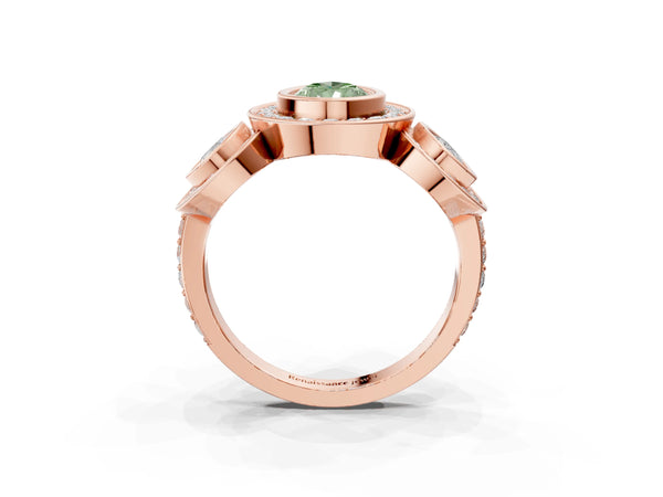 Rose gold Three-Stone Fancy Green Pear Cut Halo Pavé Diamond Ring