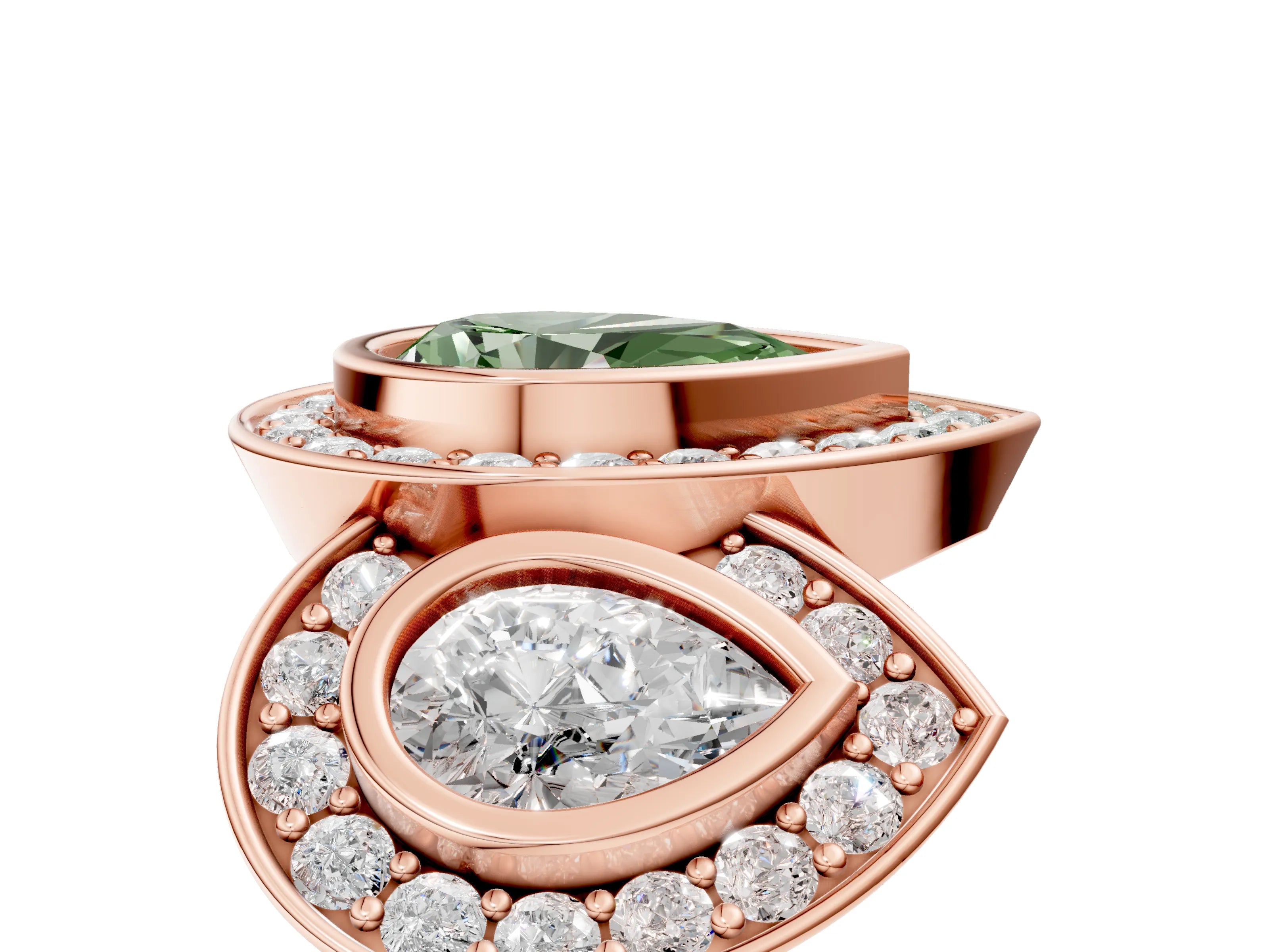 Rose gold Three-Stone Fancy Green Pear Cut Halo Pavé Diamond Ring_5
