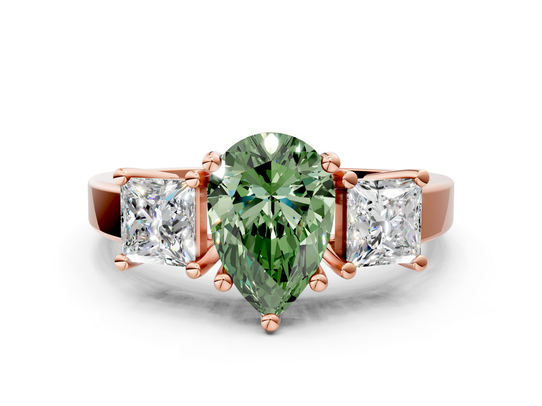 Rose gold Three-Stone Fancy Green Pear  Cut Solitaire Ring with Prong Setting_3
