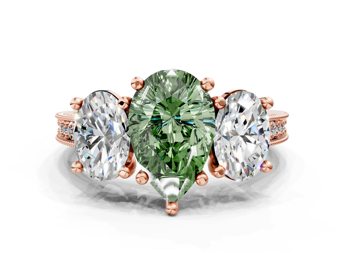 Rose gold Three-Stone Fancy Green Pear  Diamond Milgrain Pave Band with Prong Setting 1