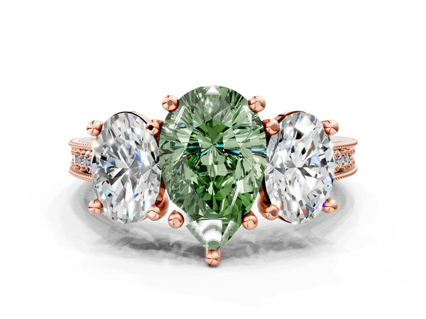 Rose Gold Pear-Shaped Three-Stone Engagement Ring Setting for Fancy Green Center with Pave Band