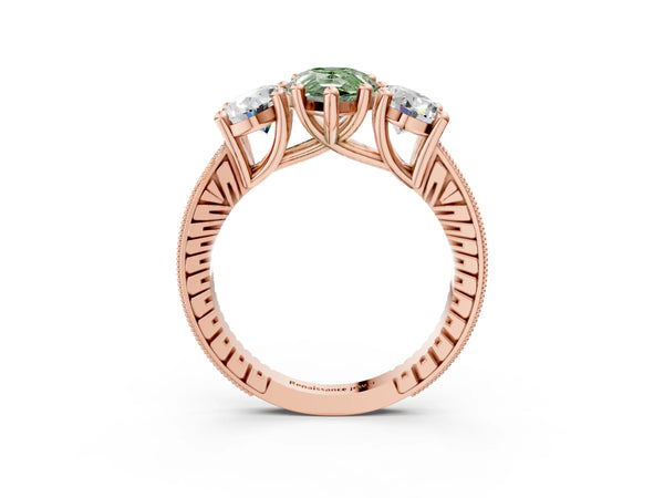 Rose Gold Pear-Shaped Three-Stone Engagement Ring Setting for Fancy Green Center with Pave Band