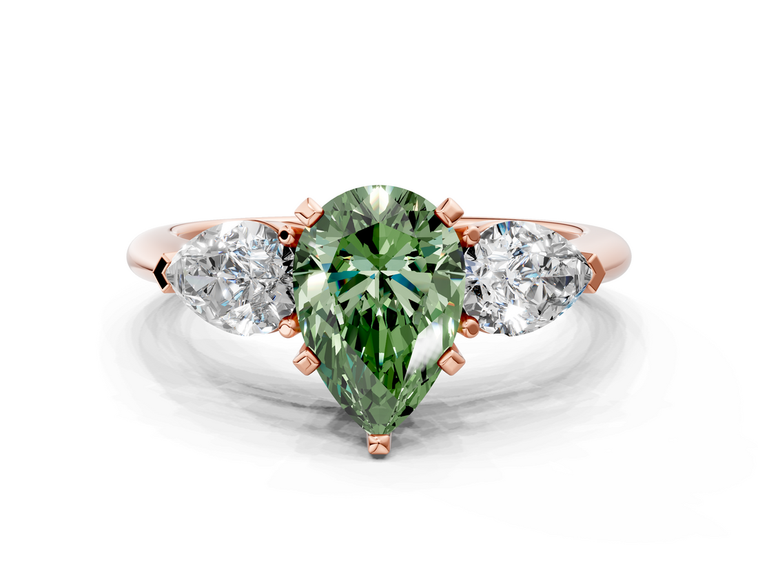 Rose gold Three-Stone Fancy Green Pear  Diamond Ring with Pear Side Stones in Four-Prong Setting_86