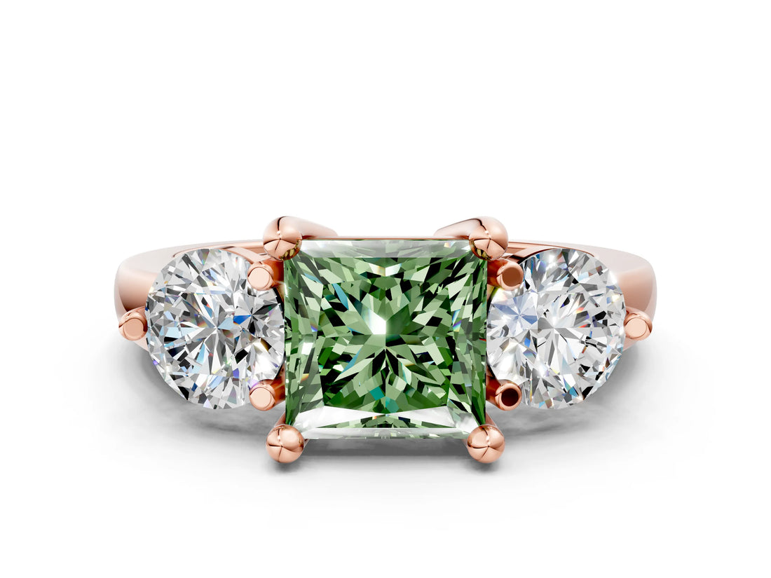 Rose gold Three-Stone Fancy Green Princess  Brilliant Cut Solitaire Ring with Prong Setting on a Classic Band 1