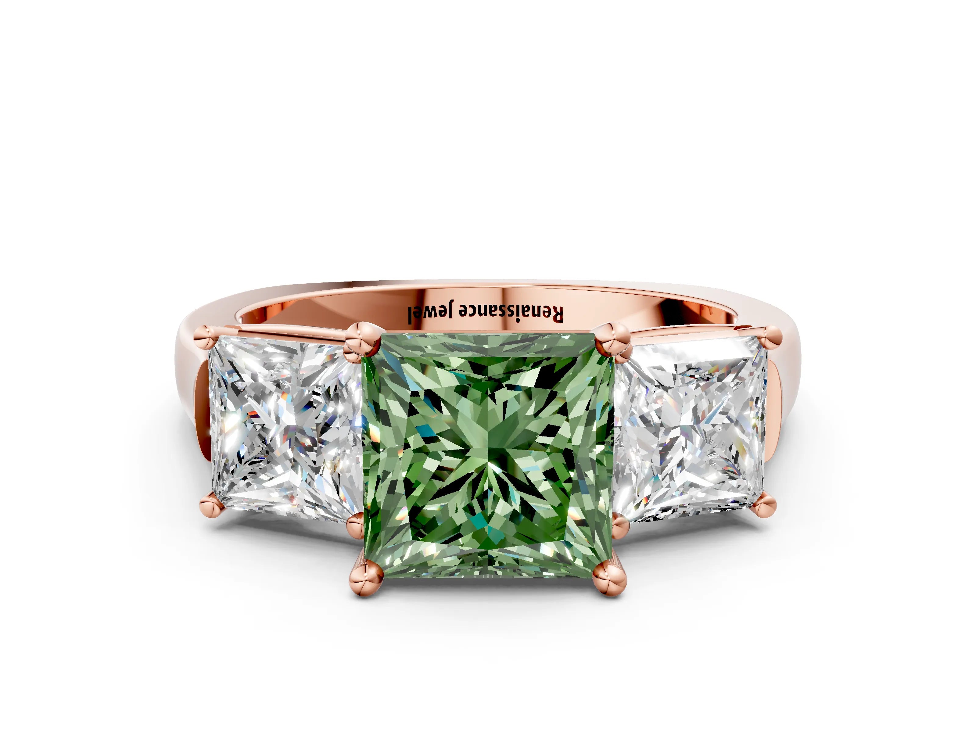 Rose gold Three-Stone Fancy Green Princess Cut Brilliant Diamond Trellis Ring with Comfort Fit Band
