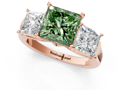Rose gold Three-Stone Fancy Green Princess Cut Brilliant Diamond Trellis Ring with Comfort Fit Band_1